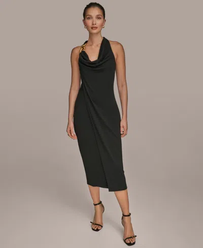 Donna Karan Women's Jersey Asymmetrical Cowl-neck Hardware Dress In Black