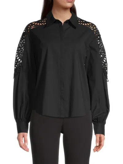 Donna Karan Women's Lace-sleeve Poplin Shirt In Black