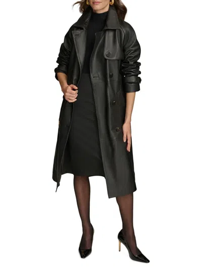 Donna Karan Women's Leather Belted Double-breasted Trench Coat In Black