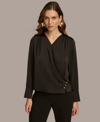 Donna Karan Women's Long Sleeve Faux-wrap Satin Blouse In Black