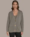 Donna Karan Women's Long-sleeve Metallic Three-button Cardigan Sweater In Gray
