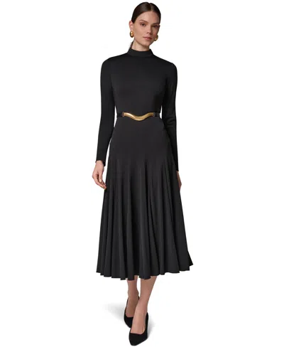 Donna Karan Mock Neck Pleated Maxi Dress In Black