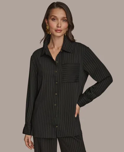 Donna Karan Women's Long Sleeve Pinstripe Button-down Shirt, Regular & Petite In Black