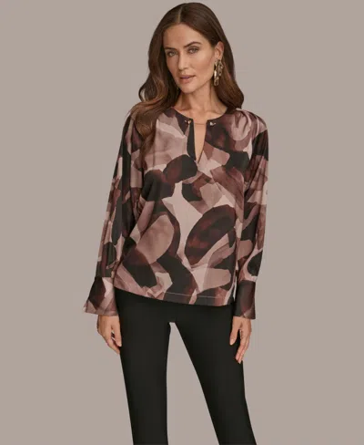 Donna Karan New York Abstract Print Chain Detail Long Sleeve Top In Brown