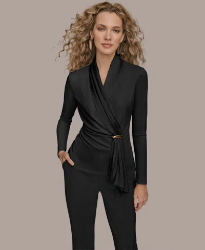 Donna Karan Women's Long Sleeves Drape Neck Bar Hardware Top In Black