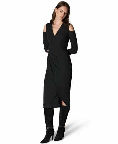 Donna Karan Women's Long-sleeve Cold-shoulder Wrap Midi Dress In Black