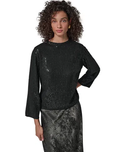 Donna Karan Women's Long-sleeve Crewneck Sequin Sweater In Black