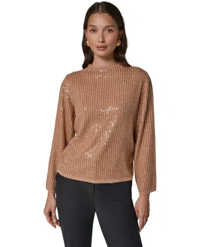 Donna Karan Women's Long-sleeve Crewneck Sequin Sweater In Brown