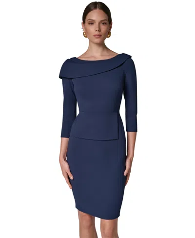 Donna Karan Women's Long-sleeve Peplum Foldover Boat Neck Dress In Blue