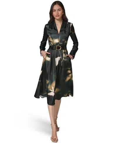 Donna Karan Women's Long-sleeve Printed Charmeuse A-line Dress With Belt In Black