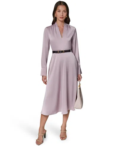 Donna Karan Satin A Line Belted Midi Dress In Pink