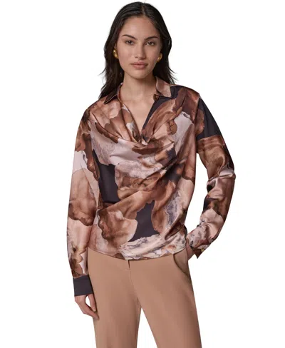 Donna Karan Women's Long-sleeve Satin Cowl-neck Blouse In Multi
