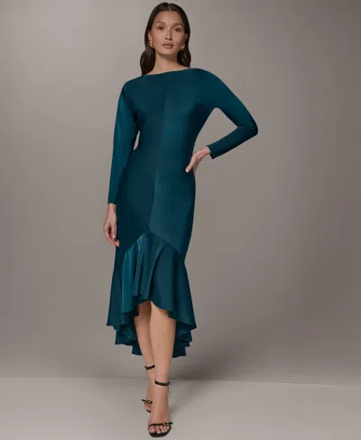 Donna Karan Satin High Low Flounce Hem Dress In Blue