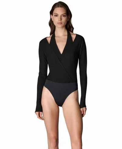Donna Karan Women's Long-sleeve V-neck Bodysuit In Black