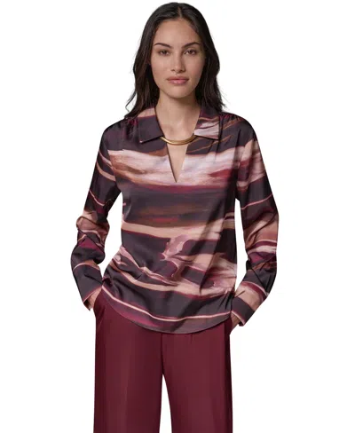 Donna Karan Women's Long-sleeve V-neck Satin Blouse In Multi