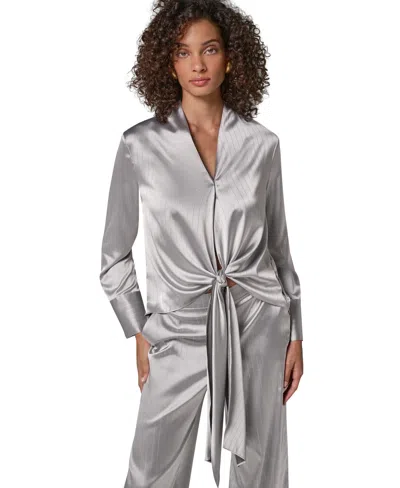 Donna Karan Women's Long-sleeve Wrap V-neck Blouse In Gray