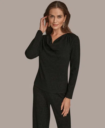Donna Karan Women's Lurex Rib Cowl Neck Long Sleeve Top In Black