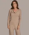 Donna Karan Womens Lurex Rib Cowl Neck Long Sleeve Top Wide Leg Pull On Pants In Brown