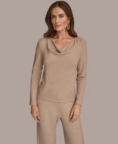 Donna Karan Womens Lurex Rib Cowl Neck Long Sleeve Top Wide Leg Pull On Pants In Neutral