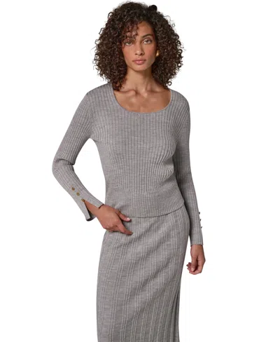 Donna Karan Women's Merino Wool Boat-neck Ribbed Long-sleeve Sweater In Gray