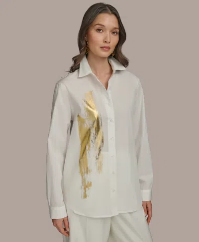 Donna Karan Women's Metallic Brushstroke Button Down Shirt In Cream,gold