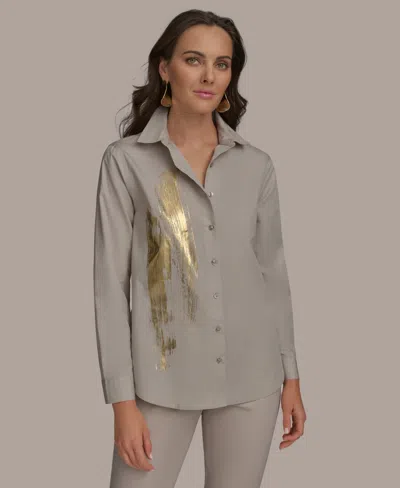 Donna Karan Women's Metallic Detail Cotton Button-down Shirt In Gray