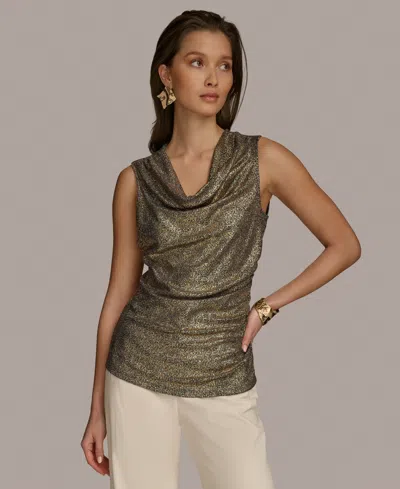 Donna Karan Women's Metallic Drape Neck Sleeveless Top In Nightfall,gold