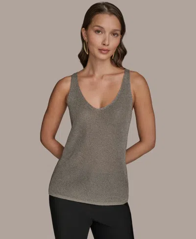 DONNA KARAN WOMEN'S METALLIC V-NECK SWEATER SHELL