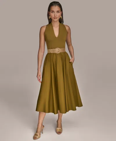 DONNA KARAN WOMEN'S MIXED-MEDIA BELTED HALTER DRESS