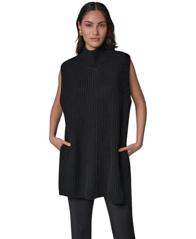 Donna Karan Women's Mock-neck Sleeveless Ribbed Sweater Tunic In Black