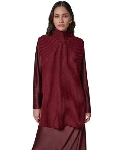 Donna Karan Women's Mock-neck Sleeveless Ribbed Sweater Tunic In Burgundy