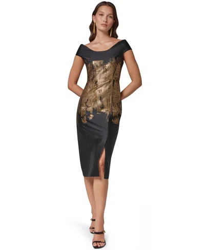 Donna Karan Women's Off-the-shoulder Metallic Brushstroke Sheath Dress In Black