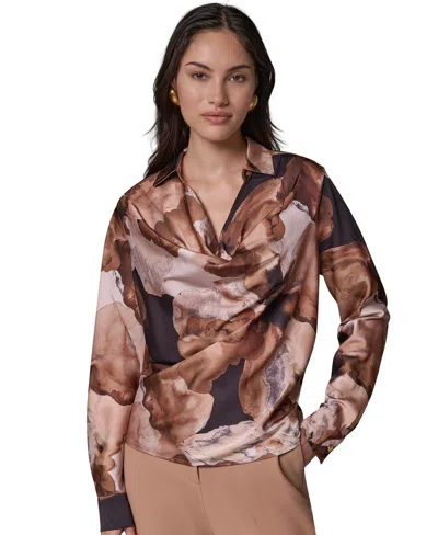 Donna Karan Women's Petite Print Long-sleeve Cowl Neck Blouse In Brown