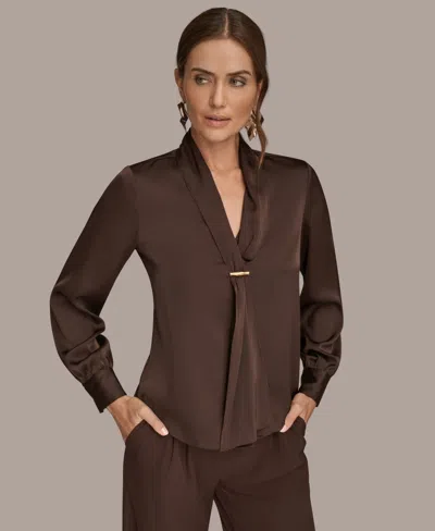 Donna Karan Women's Petite V-neck With Bar In Scarf Top, Regular & Petites In Brown