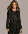 Donna Karan New York Pinstripe Long Sleeve Tie Waist Satin Top In Black,ivory