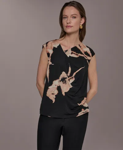Donna Karan New York Floral Asymmetric Neck Top In Black