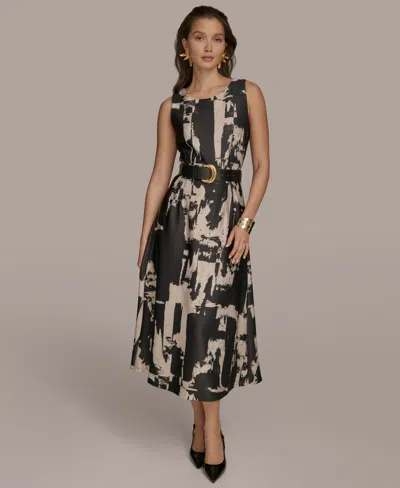 Donna Karan Plus Size Printed Belted A-line Dress In Black Sand Multi