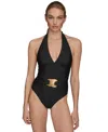Donna Karan Women's Printed Belted One-piece Swimsuit In Black