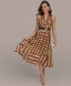 Donna Karan Donna Kaaran New York Plus Size Polka-dot Belted Midi Dress In Brown