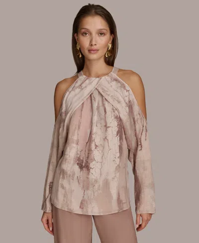 Donna Karan Women's Long Sleeve Printed Cold-shoulder Top In Mink Combo
