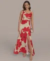 Donna Karan New York Floral Cowl Neck Satin Gown In Red