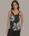 Donna Karan New York Printed Cowl Neck Charmeuse Top In Black