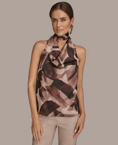Donna Karan Women's Printed Drape Neck Halter With Tie Top In Brown