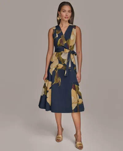 DONNA KARAN WOMEN'S PRINTED SLEEVELESS FAUX-WRAP V-NECK PLEATED DRESS