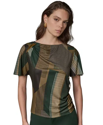 Donna Karan Printed Hardware Trim Ruched Top In Green
