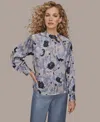 Donna Karan New York Floral Shoulder Button Long Sleeve Top In Gray