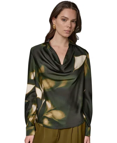 Donna Karan Women's Printed Satin Long-sleeve Top In Olive Brine Multi