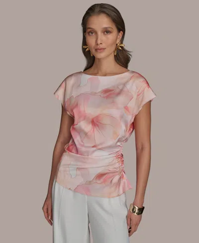 Donna Karan Women's Printed Short Sleeve Blouse In Apricot Multi
