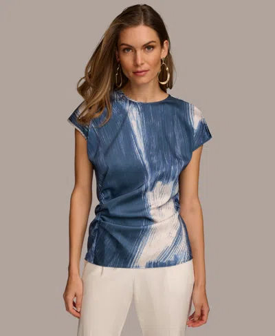 Donna Karan Women's Printed Side-ruched Short Sleeve Top In Tide Multi