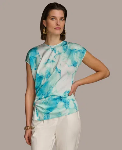 Donna Karan Women's Printed Side-ruched Short Sleeve Top In Wave Combo